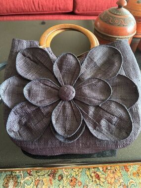 Mar Y Sol Rafia Handbag with Wooden Handles and 3DFlower  - Dark Purple/Navy